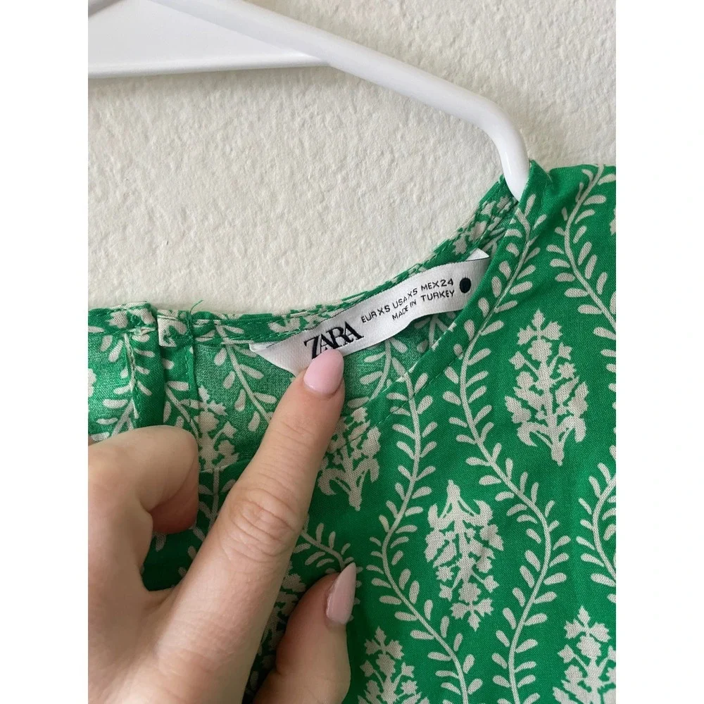 Zara Green White Leaf Print Puff Sleeve Cropped Blouse Top XS